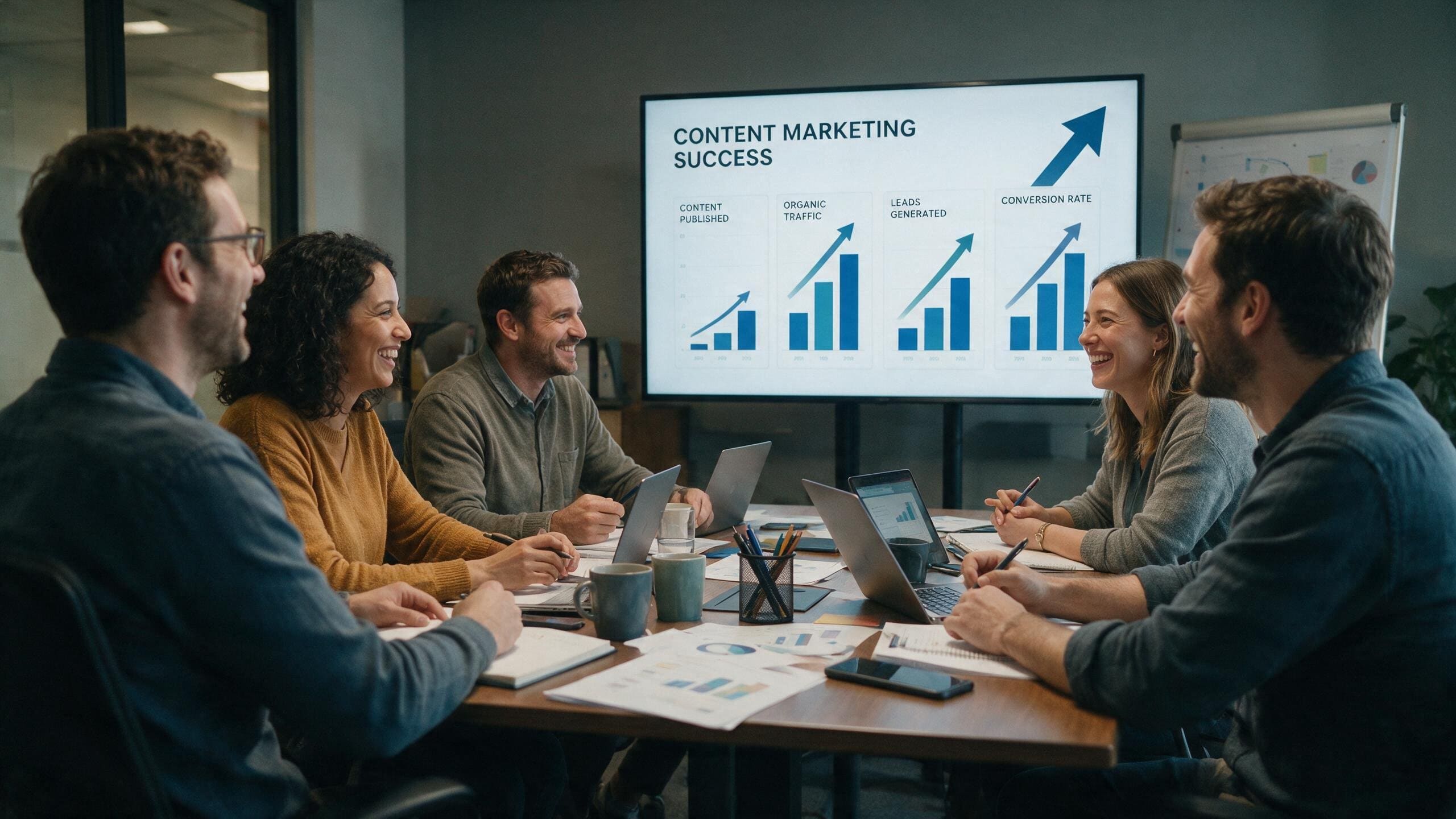 B2B content marketing team in a progress meeting